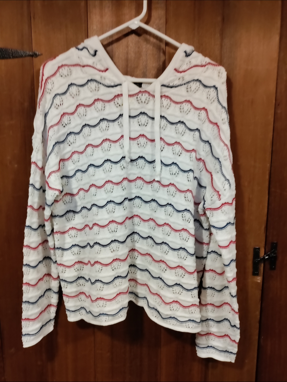 Lety & Me White Hooded Knit Sweater with Red and Blue Stripes